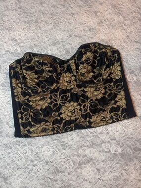 Vintage 90s Gold Lace Bustier Corset Top Black Boned L